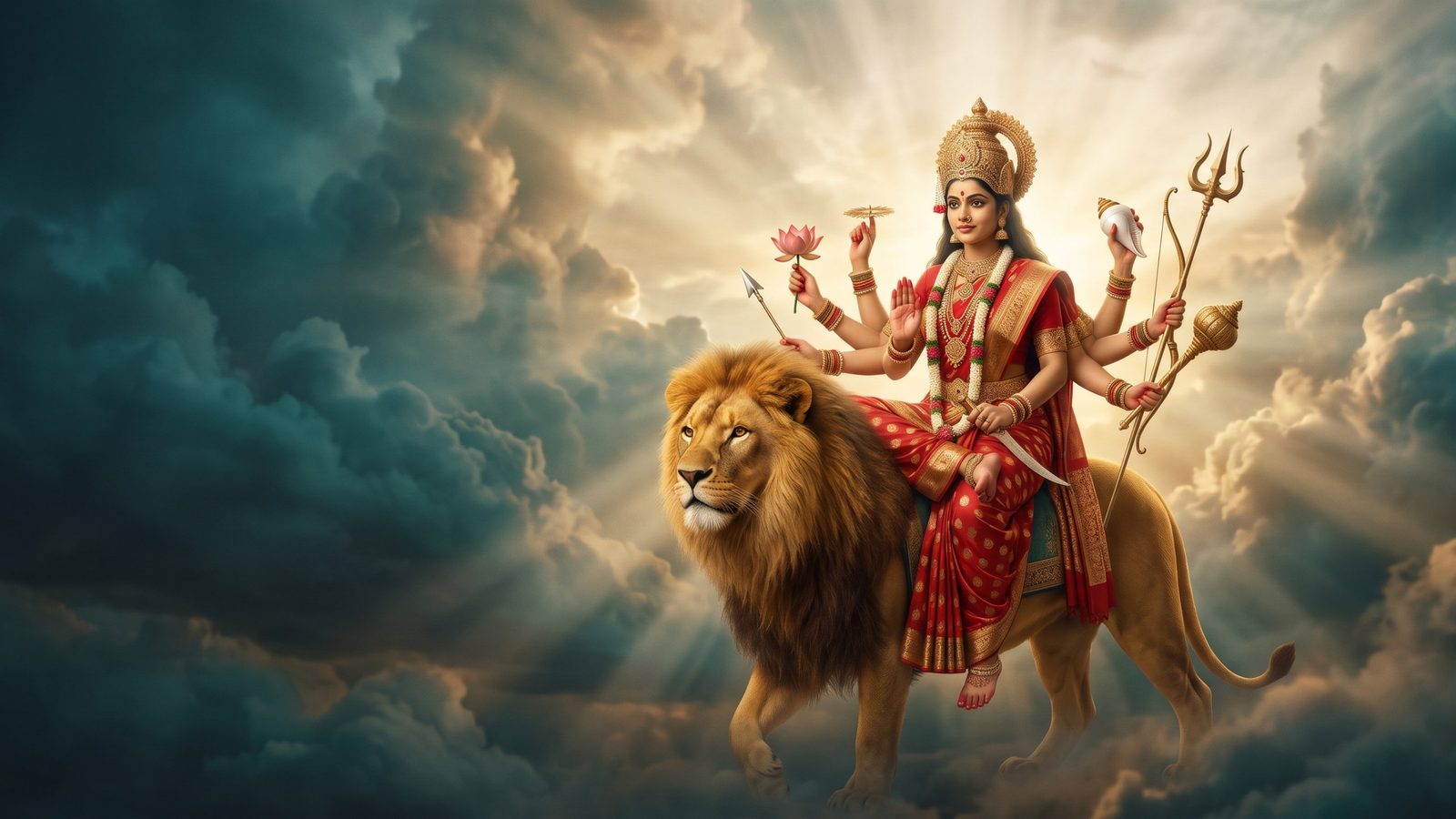 Deusa Durga de dez braços montada em um leão, em representação respeitosa