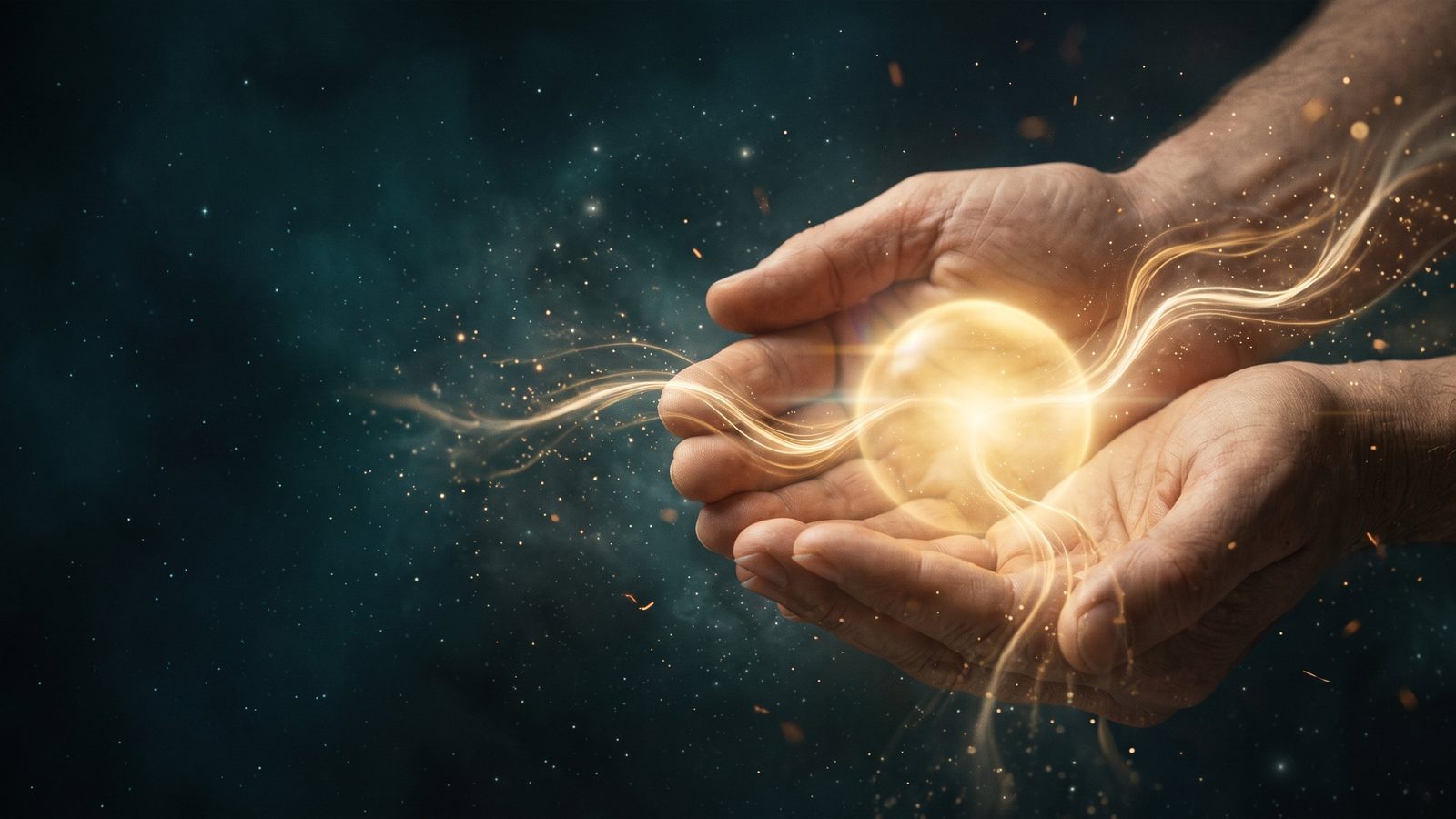 Mãos segurando uma esfera dourada de luz que se dissolve em fios luminosos, simbolizando a energia psíquica