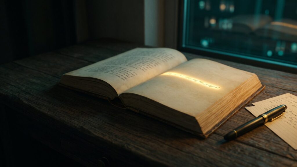 Livro antigo aberto com uma linha de texto iluminada em dourado, representando frases de Jung