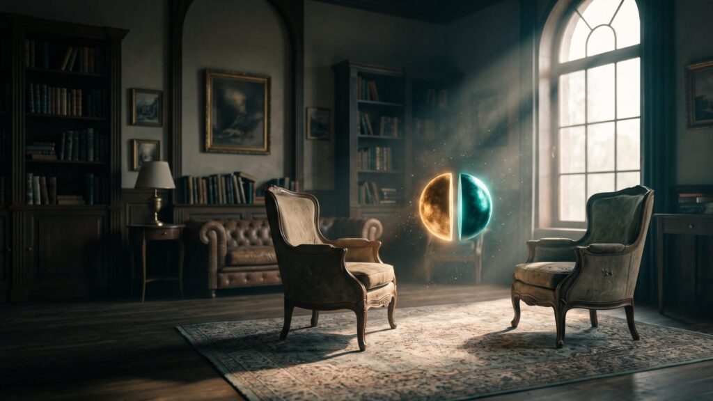 Duas poltronas vazias frente a frente com uma esfera meio dourada e meio azul entre elas, representando Freud e Jung