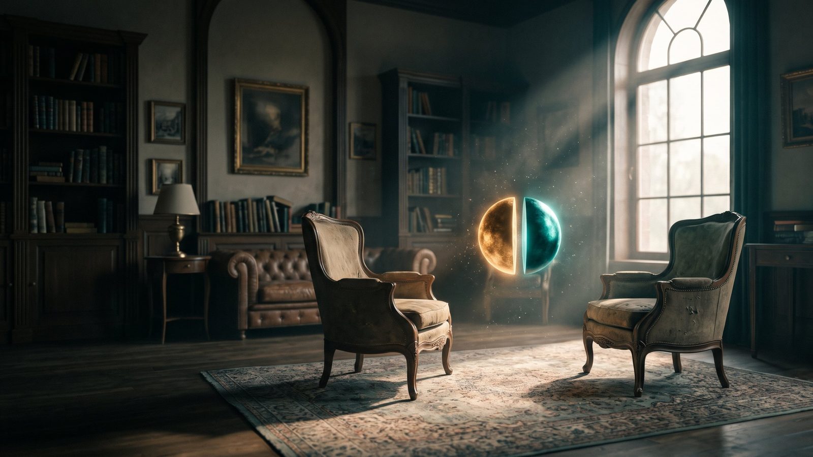 Duas poltronas vazias frente a frente com uma esfera meio dourada e meio azul entre elas, representando Freud e Jung