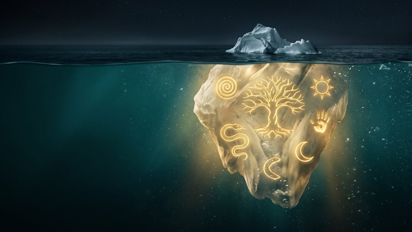 Iceberg com a parte submersa iluminada por símbolos dourados, representando o inconsciente coletivo