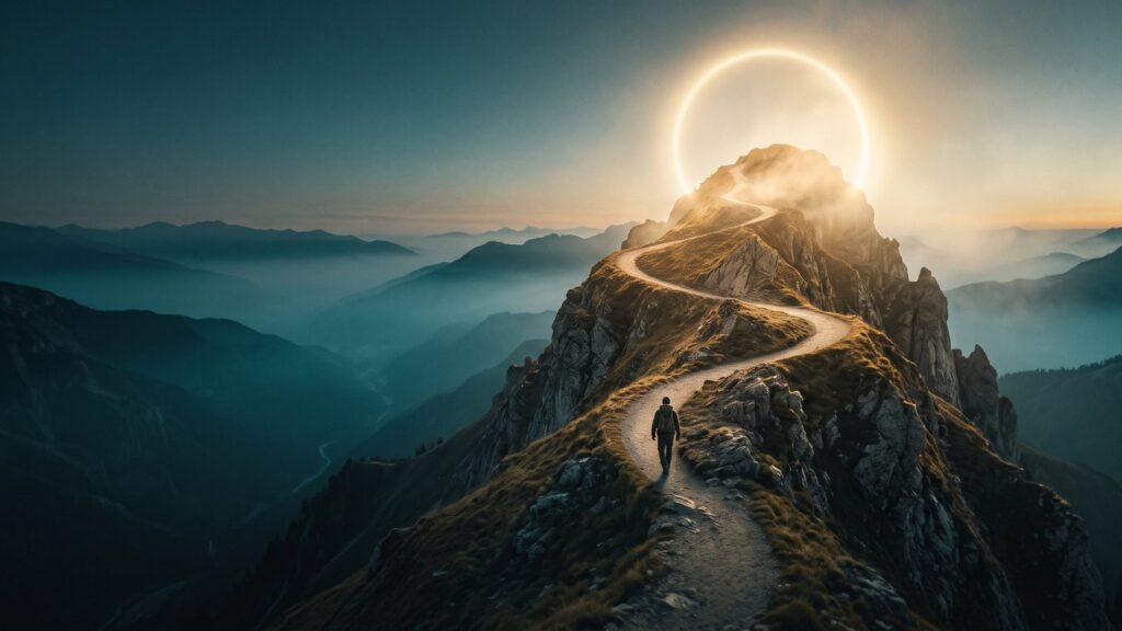 Viajante em uma trilha em espiral rumo a um círculo luminoso no topo da montanha, simbolizando a individuação