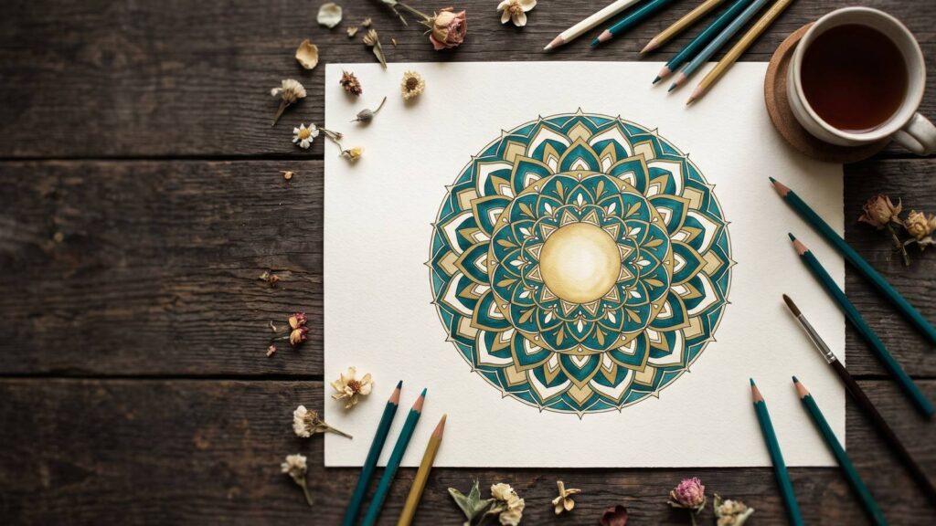 Mandala desenhada à mão em azul-petróleo e dourado sobre papel, rodeada de lápis