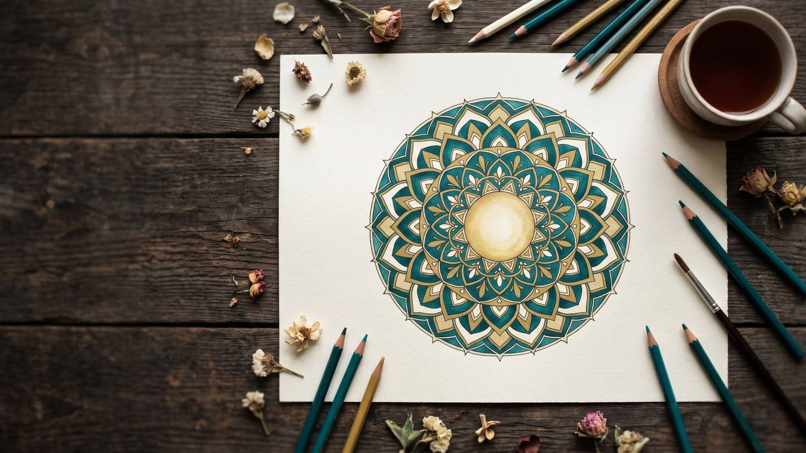 Mandala desenhada à mão em azul-petróleo e dourado sobre papel, rodeada de lápis
