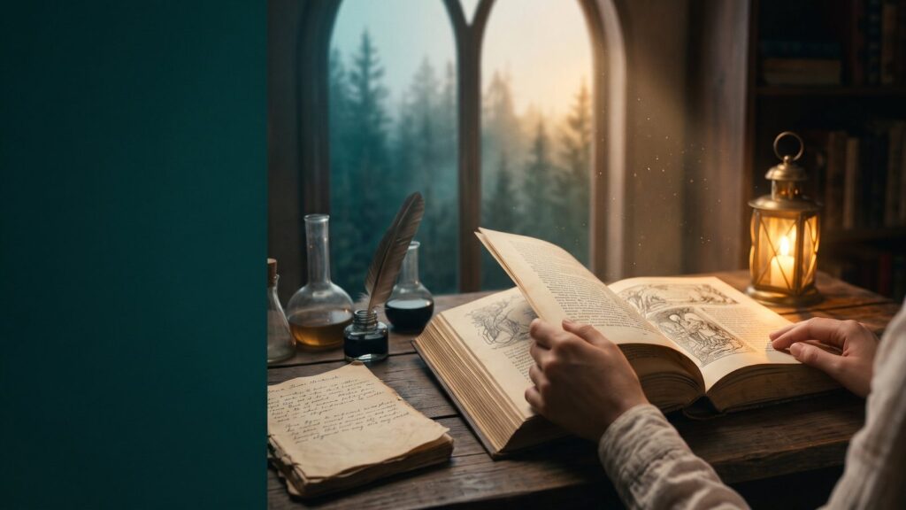 Mãos folheando um livro de contos de fadas ao lado de uma lanterna e uma janela para a floresta, em referência a Marie-Louise von Franz