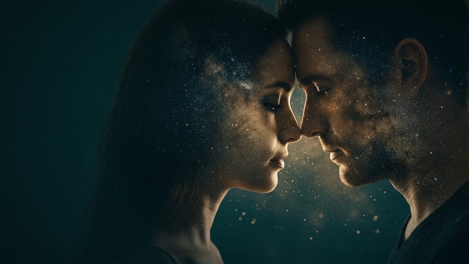 Casal de perfil com testas encostadas e céu estrelado sobreposto aos rostos, representando anima e animus