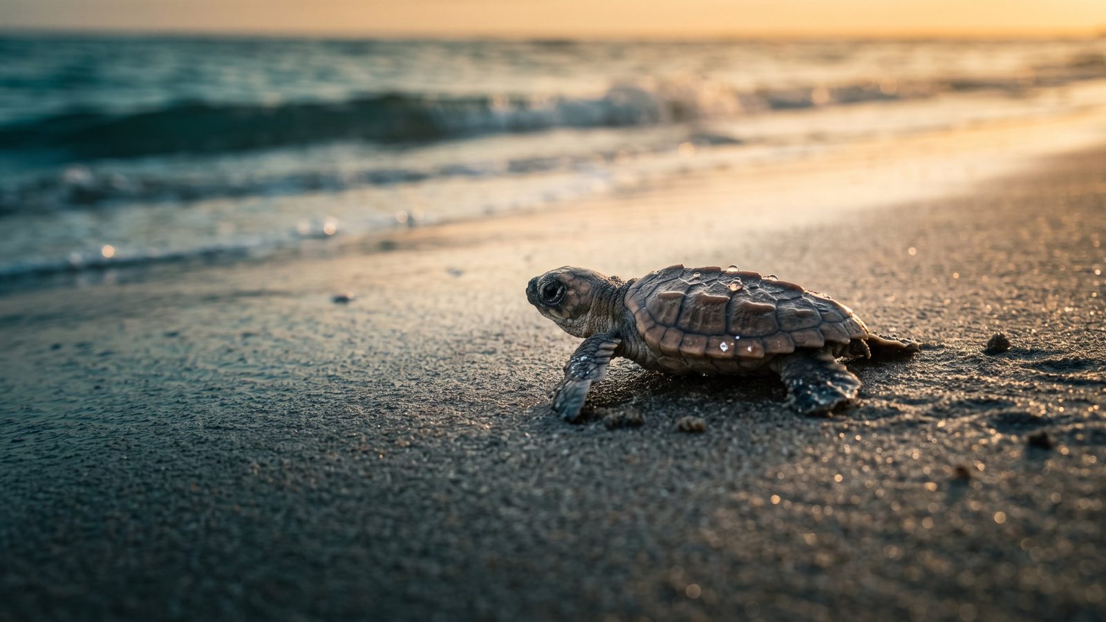 Filhote de tartaruga caminhando pela areia rumo ao mar ao amanhecer, símbolo do instinto
