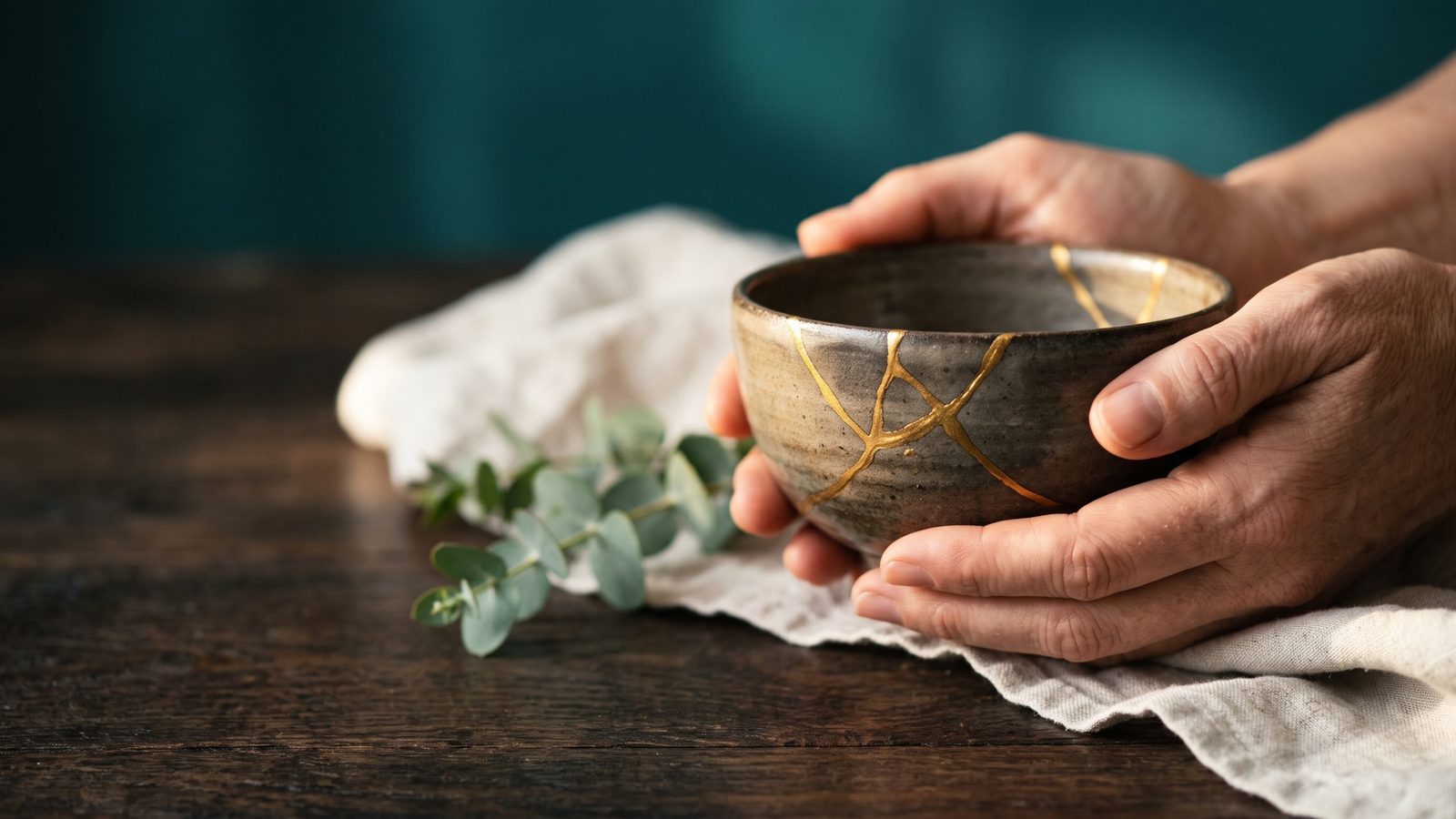 Mãos segurando uma tigela de kintsugi com rachaduras reparadas em ouro, simbolizando ressignificar