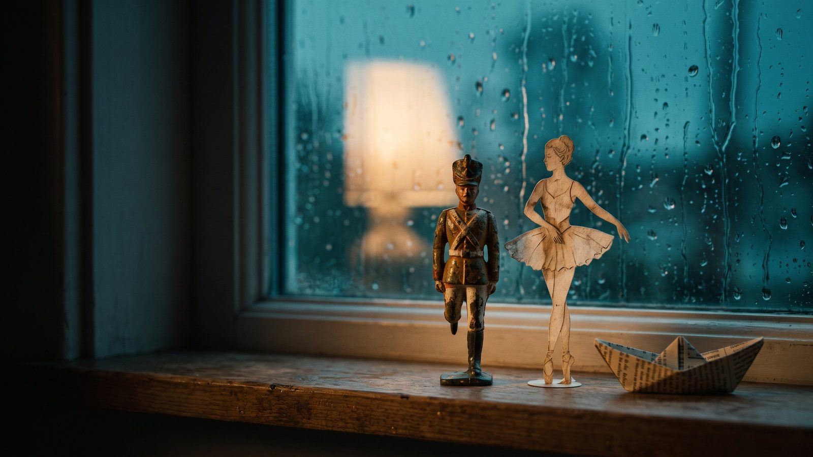 Soldadinho de chumbo de uma perna só ao lado de uma bailarina de papel na janela em dia de chuva